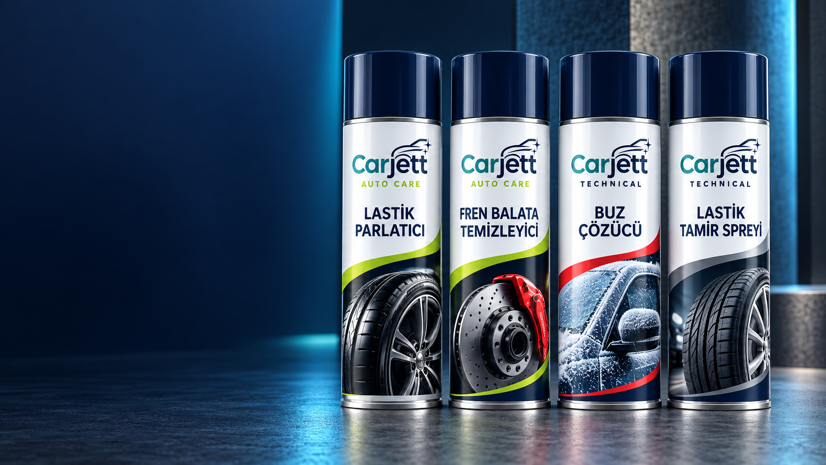 Carjett'in dört beyaz aerosol kutusundan oluşan Auto Care ve Technical serisi